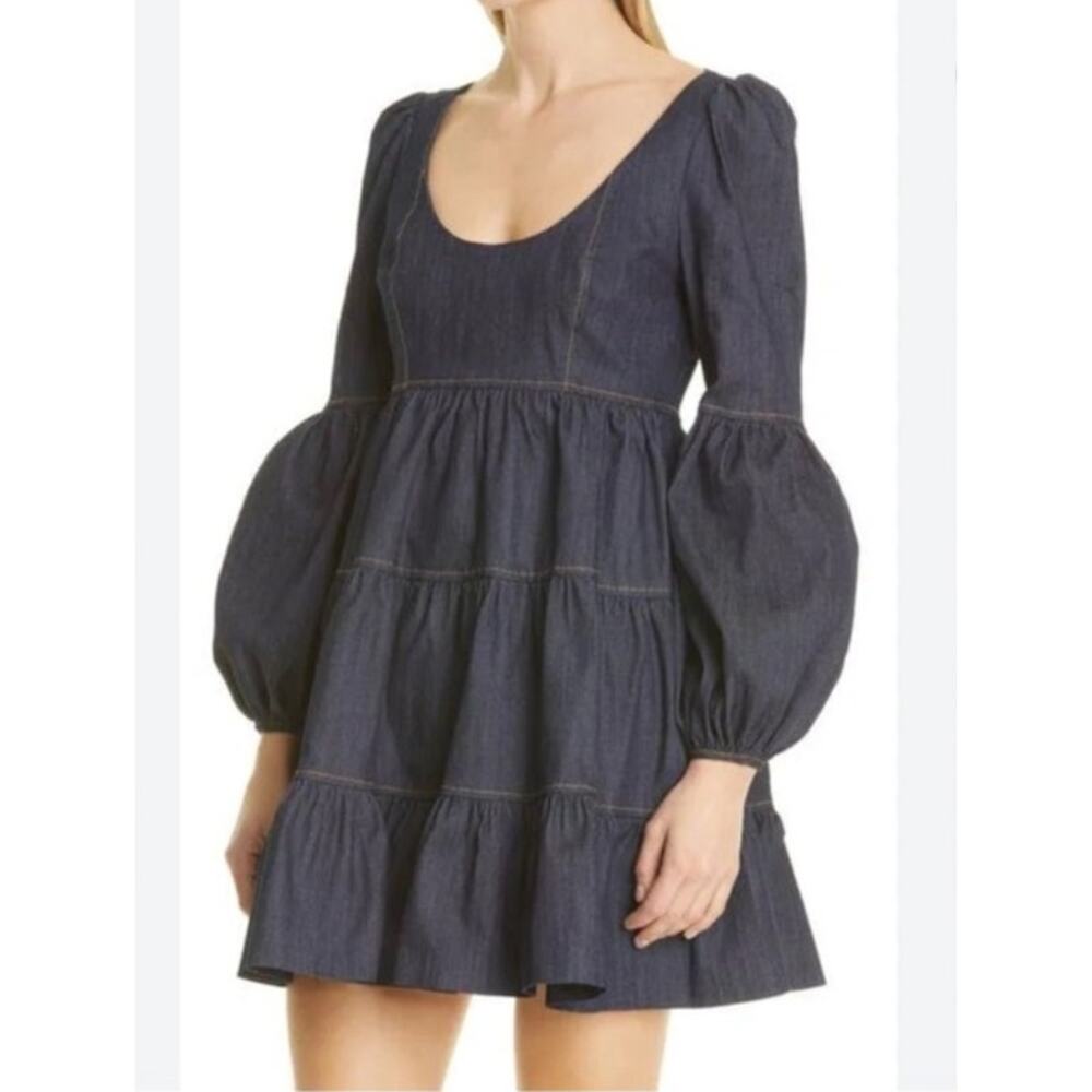 Denim Tiered Mini Dress with Puff Sleeves - Dark Blue